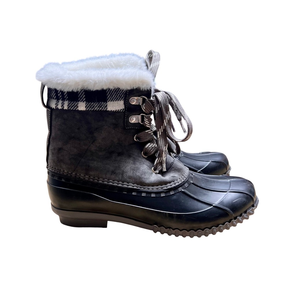 Maurices Whitney Black Grey Plaid Faux Fur Lined Duck Boots Womens 8.5
